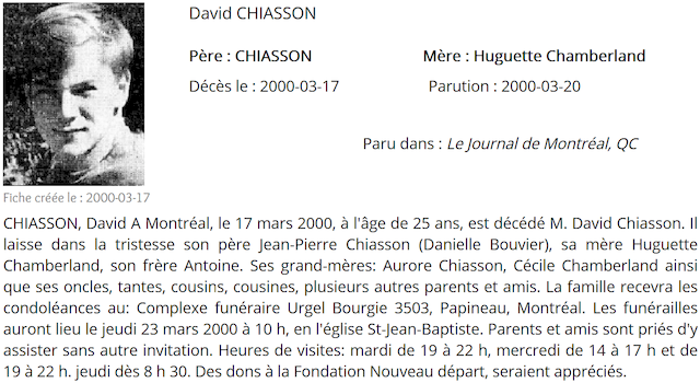 Journal de Montréal - Avis de décès - David Chiasson (2000-Mar-20)
